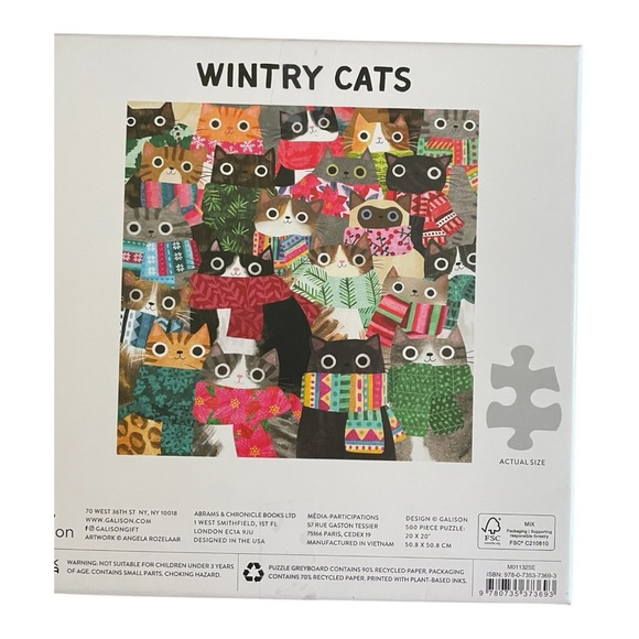 Galison Cat Puzzle 500 Pieces, Wintery Cats, 20" x 20", Recycled Paper. - Picture 2 of 2